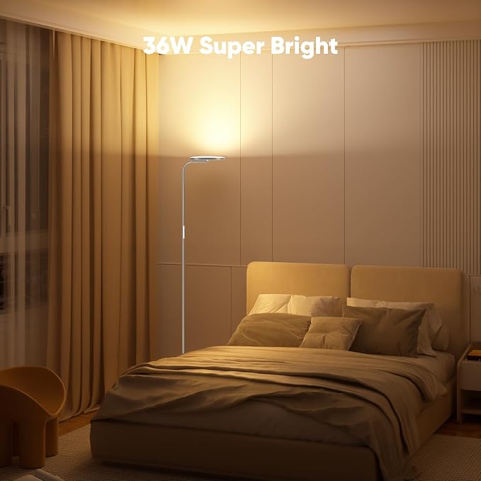 36W LED Floor Lamp, Super Bright Standing Lamp, Modern Stepless Dimmable Torchiere Tall Lamp with Remote Control, 350°Rotating Head Reading Floor Lamp for Living Room, Bedroom, Office