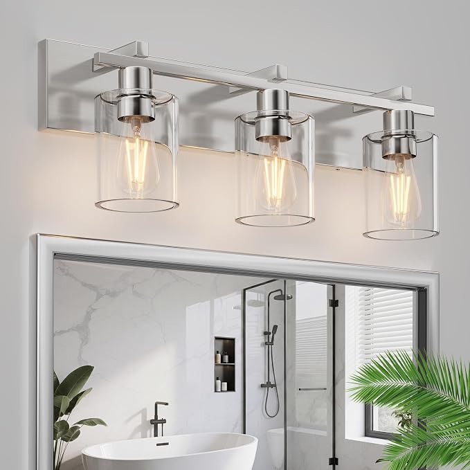 3-Light 21inch Brushed Nickel Vanity Light, Thickened Clear Glass | Over Mirror for Bathroom, Rust Resistant, E26 Base, Easy Install, Removable Glass Shade Horizontal Mount, Dimmable