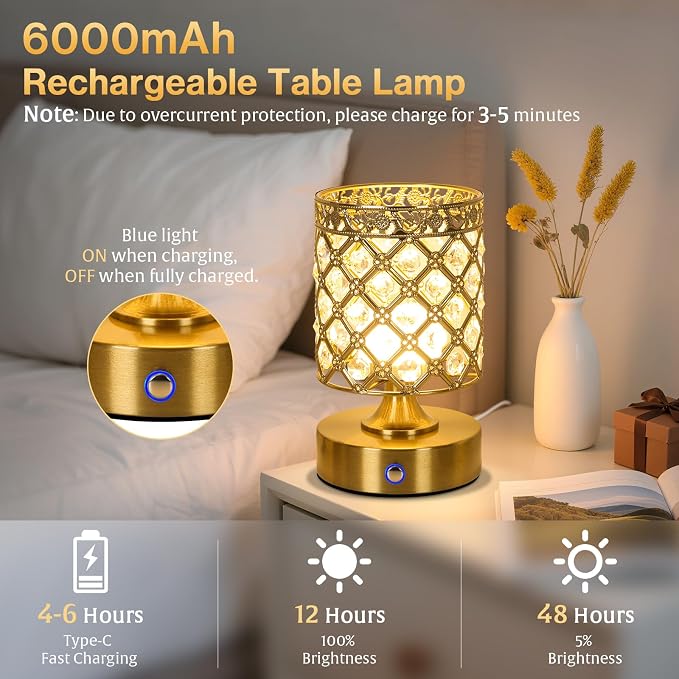 Gold Small Crystal Rechargeable Cordless Table Lamps Set of 2 | 6000mAh Battery, 3 Color Temps, Stepless Dimming, Touch Control, Portable Wireless Night Light for Bar Bedroom Living Room