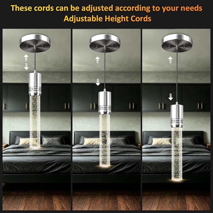 Brushed Nickel Pendant Lights Kitchen Island, Crystal Bubble Pendant Lights, Adjustable Modern Pendant Light Fixtures for Dining Living Room Bedroom 3 Pack