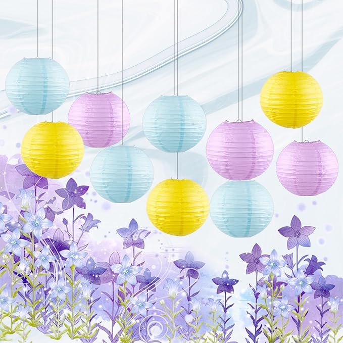 Chinese Paper Lanterns - Pack of 10, 10-Inch Blue/Purple/Yellow Hanging Lights for Birthday Party Decorations, Ceiling Decor, Rainbow Classroom, Wedding, and Home Party