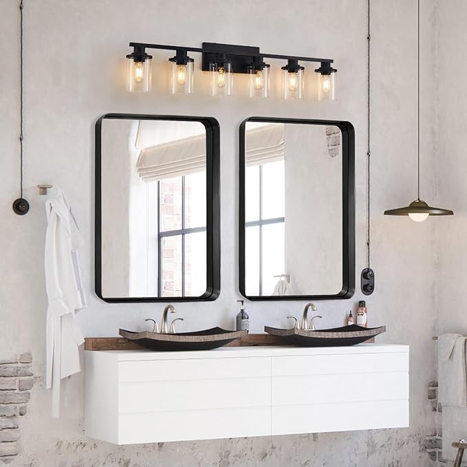 stambord 6 Light Matte Black Bathroom Vanity Light Fixtures with Clear Glass and Metal Base, Black Vanity Lights for Bathroom Over Mirror