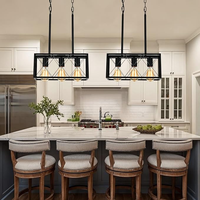 KEESFU Black 3-Light Farmhouse Chandelier, Dining Room Light Fixture | Farmhouse Dining Room Light Fixture with Adjustable Height, Kitchen Island Pendant for Dining Table & Over Sink, Living Room
