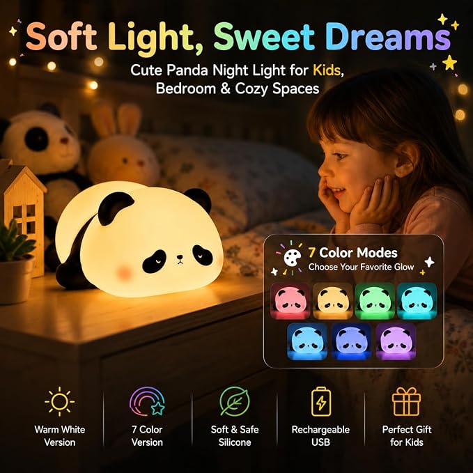 Cute Panda Night Light for Kids, 7-Color Changing Silicone Squishy Lamp, Tap Control USB Rechargeable Portable Night Light for Baby Nursery, Bedroom Desk Decor, Birthday Christmas Gift