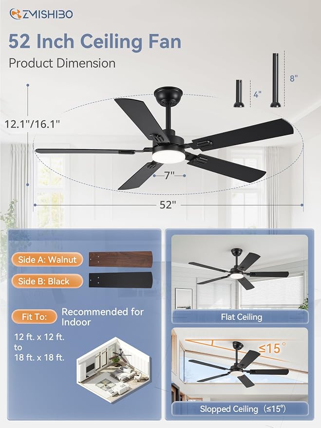 ZMISHIBO 52" Ceiling Fans with Lights and Remote, Black Modern for Indoor | 24W 2400LM Bright LED, 3CCT, Dimmable, App Control, Farmhouse Dual Finish Blades, Quiet&Strong Motor for Bedroom, Living Room