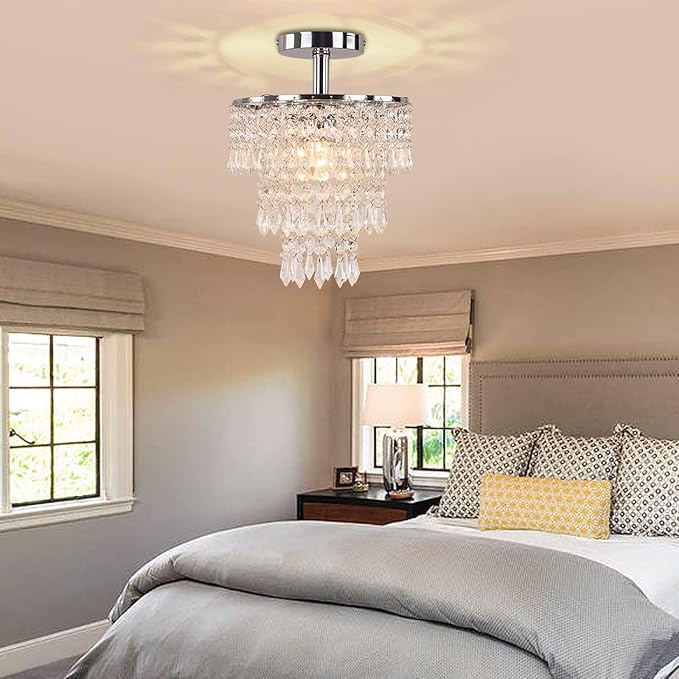 FRIXCHUR Small Crystal Chandelier Led Crystal Ceiling Lights 3 Tiers Crystal Raindrops Chandelier Pendant Lighting Fixture Decoration for Bedroom Hallway Living Room,Chrome,E26