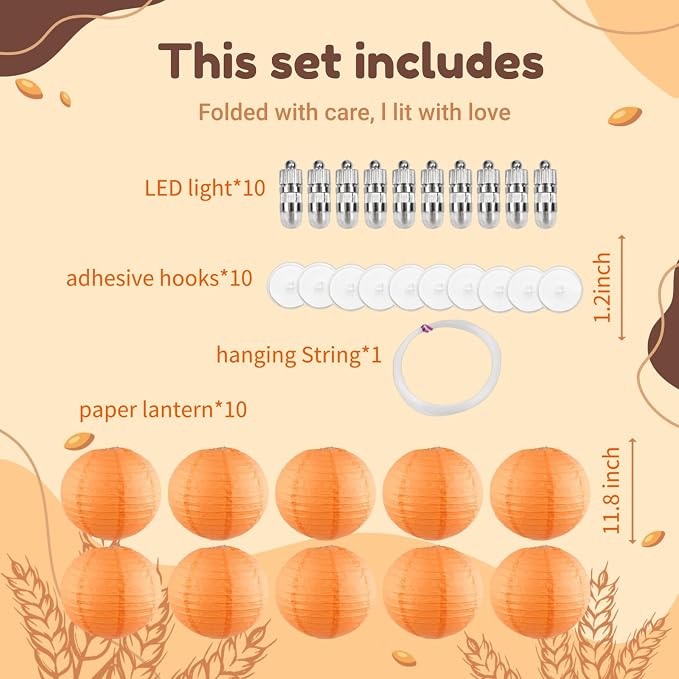 Orange Chinese Paper Lanterns with LED Lights, 10-Pack 12inch | Hanging Lights for Halloween, Fall Festival, Birthday Decorations, Ceiling Decor & Home Party