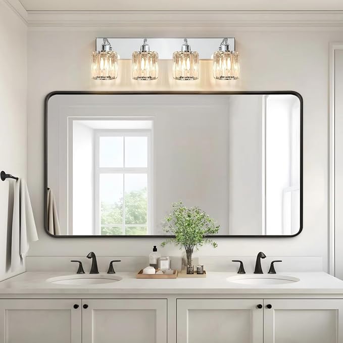 Brushed Chrome Crystal Bathroom Vanity Light, 4-Light Modern Bathroom Lighting Fixtures Over Mirror,Chrome Wall Sconce Light Fixtures with Round Shade