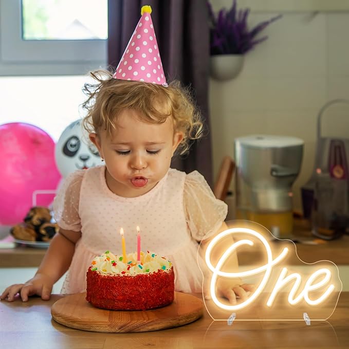 One Neon Sign for First Birthday LED Signs Warm White One Year Old Birthday Table Number Neon Lights Lamp for Home Birthday Party Decor Bedroom Decorations Christmas Gift 30cm*21cm