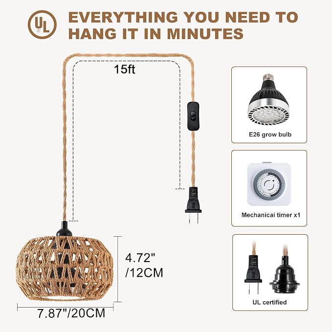 Hanging Grow Light, 30W LED Lamp with Timer for Indoor Plants | 4000K LED plant lamp with 15 ft cord, outlet timer, and boho paper rope shade for succulents, herbs, and low-light rooms.