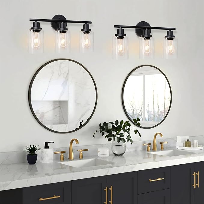 2 Pack Modern Bathroom Light Fixtures, 3 Light Vanity Lights, Black Wall Lamp with Clear Glass for Bathroom, Mirror, Living Room, Bedroom, Hallway, E26 Base