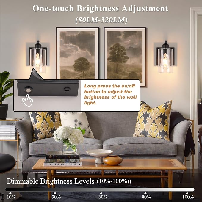 BELS 8 Inch Battery Operated Wall Sconces Set of 2, Farmhouse Wall Lights Fixture with Clear Glass, 4000K, Remote Control, Dimmable, Black Wall Sconces for Mirror, Bathroom, Bedroom