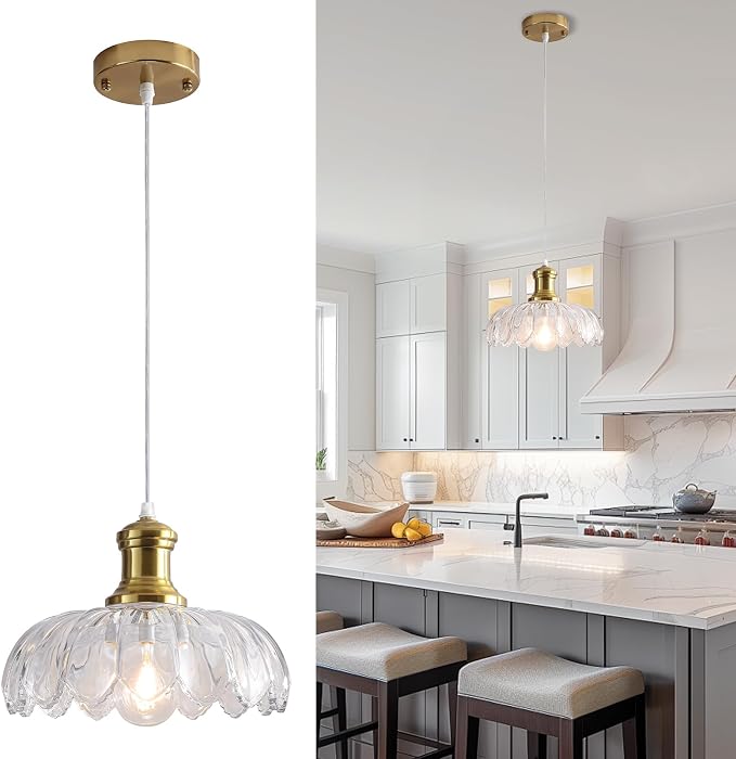 Vintage Gold Pendant Light Fixture, Clear Glass Pendant Light Kitchen Island Over Sink, Farmhouse Pendant Lighting for Dining Room, Bedroom, Living Room, Entryway, Hallway, Foyer