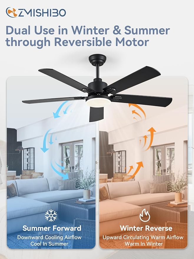 ZMISHIBO 2 Pack 52" Ceiling Fan with Light and Remote, Black Modern Indoor | 24W 2400LM Bright LED, 3CCT, Dimmable, App Control, Farmhouse Dual Finish Blades, Quiet&Strong Motor for Bedroom, Living Room