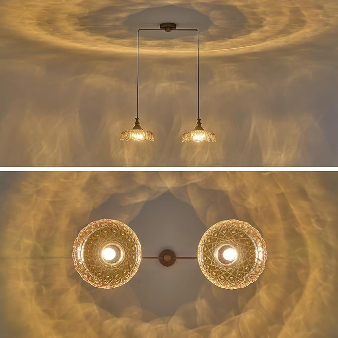 HDDFL Vintage Pendant Lighting Fixtures Modern Glass Hanging Lamp with Adjustable Cord for Kitchen Island Dining Room Hallway 2 Light Brass and Amber