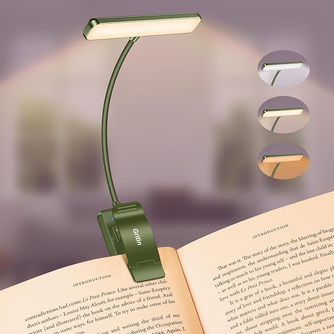 Gritin 19 LED Rechargeable Book Light for Reading in Bed | Eye Caring 3 Color Temps,Stepless Dimming Brightness,Memory Function,90 Hrs Runtime Lightweight Clip on Light-Dark Green