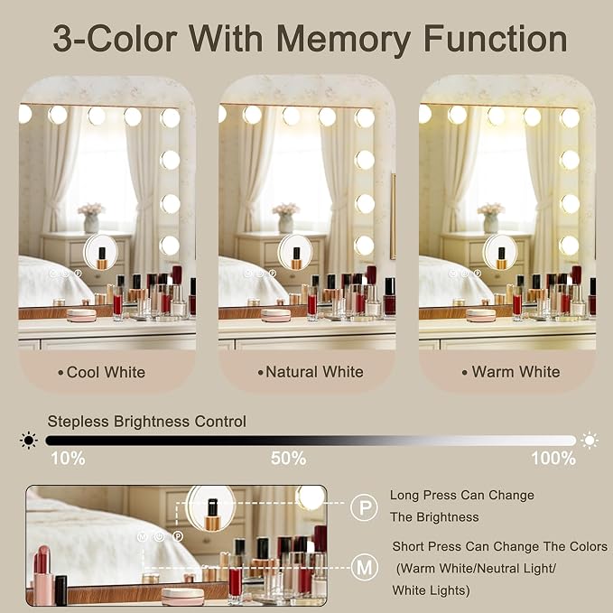 Ratsamee Wood Grain Hollywood Vanity Mirror with Lights, 15 Dimmable Bulbs, 3 Color Lights,Make Up Lighted Mirror, Aluminum Metal Frame, USB Charging Port（23" x 18"）