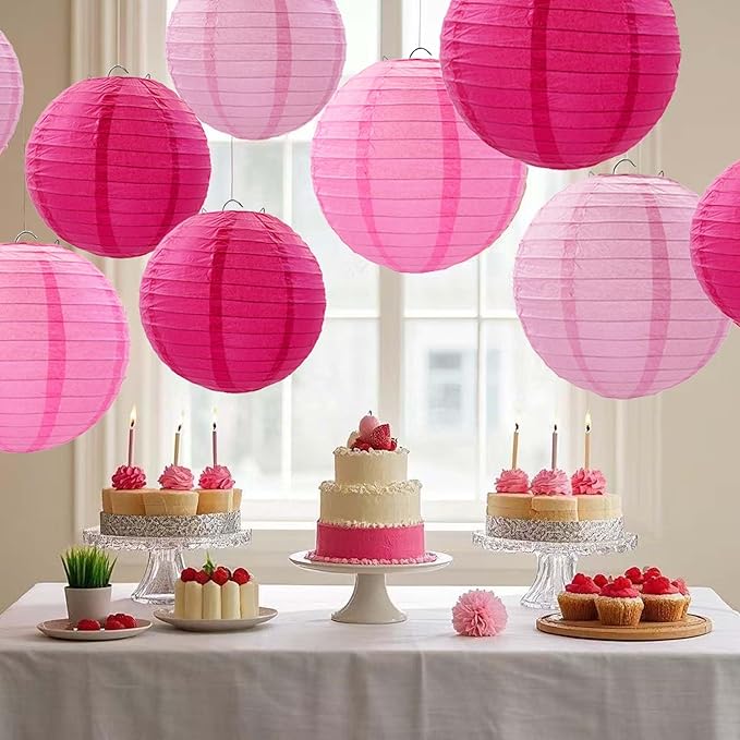 Pink Paper Lanterns 12Pcs Hanging Lanterns for Birthday Party, Wedding, Home Decor, Baby Shower Festive Decoration