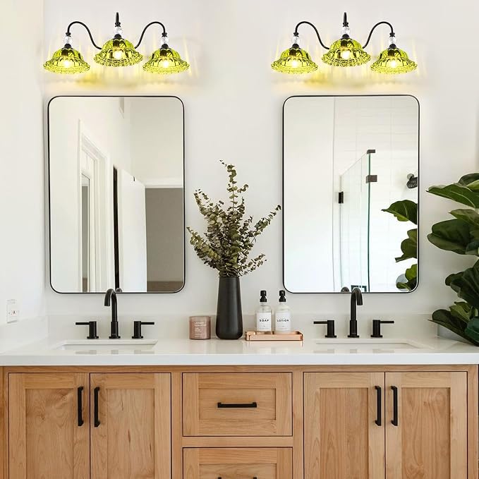 Vintage Bathroom Vanity Light Fixtures 3 Lights Matte Black Vanity Lights for Bathroom with Floral Green Crystal Glass Shades Vanity Wall Lights for Mirror Bedroom Living Room Hallway