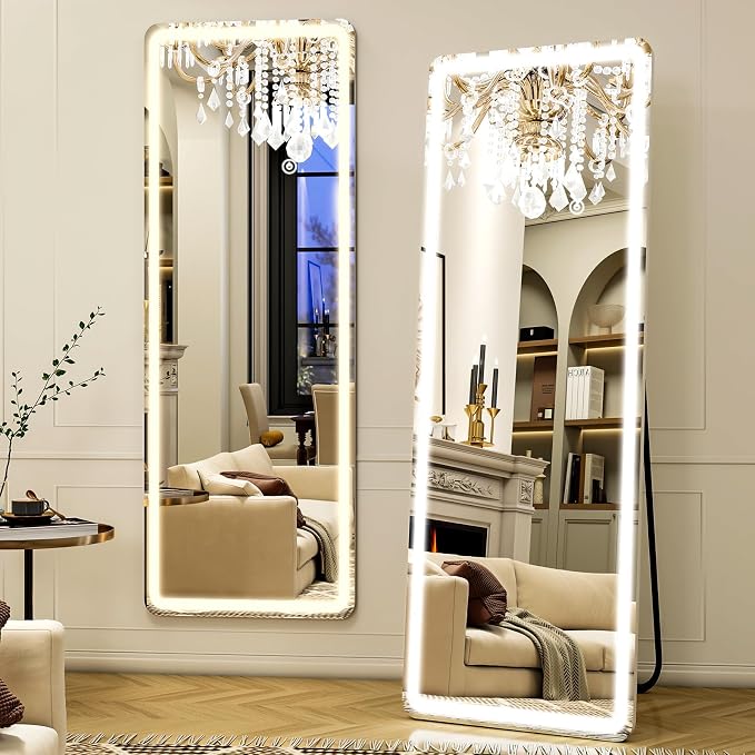 Easly Full Length Mirror - 16" x 60" Mirror Full Length with LED Lights Adjustable Screen Brightness, Wall Mounted or Freestanding, Full Body Mirrors for Bedroom, Living Room, Cloakroom,Salon