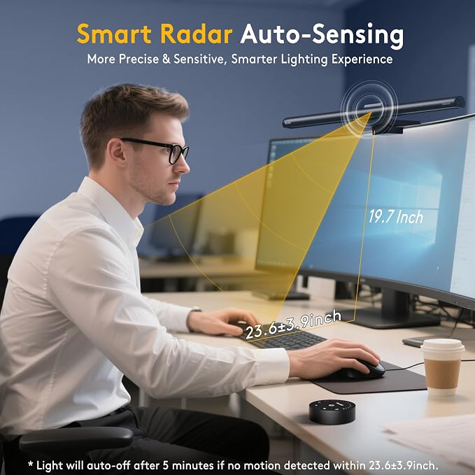 Quntis 20.5'' Computer Monitor Light - Radar Motion Sensor, Eye-Care Professional Desk Lamp Bar, Stepless Dimming Remote Control, Auto-Dimming & Timer, Space Saving Fit for Curved & All Screens