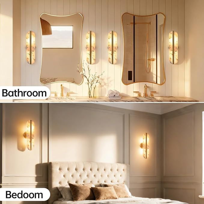 15.7in Natural Alabaster Wall Sconces Marble Wall Sconces, Bulb Included | Gold Bathroom Vanity Light Fixture Modern Oval Stone Wall Mount Lamp Hardwired for Bedroom Living Room Hallway Stairs