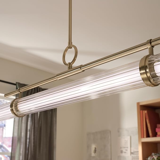 Kichler Riven LED 1-Light Linear Chandelier with Clear Fluted Glass in Champagne Bronze, Sloped Ceiling Compatible, for Kitchen or Dining Room (9.5" x 8" x 48.25"), 52753CPZLED