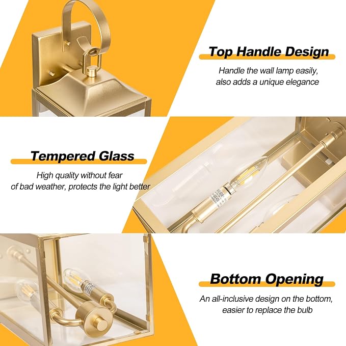 19" Gold Outdoor Wall Lantern 2-Light, Large Modern Outdoor Sconce Lights | Industrial Outdoor Light Fixtures Wall Mount with Clear Glass, Waterproof Farmhouse Exterior Lighting Fixtures, 1-Pack