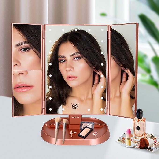Trifold Lighted Vanity Makeup Mirror with 21 LEDs Lights,1x/2x/3x Magnification and Touch Screen Dimming,Two Power Supplies Makeup Mirror, Gift for Women