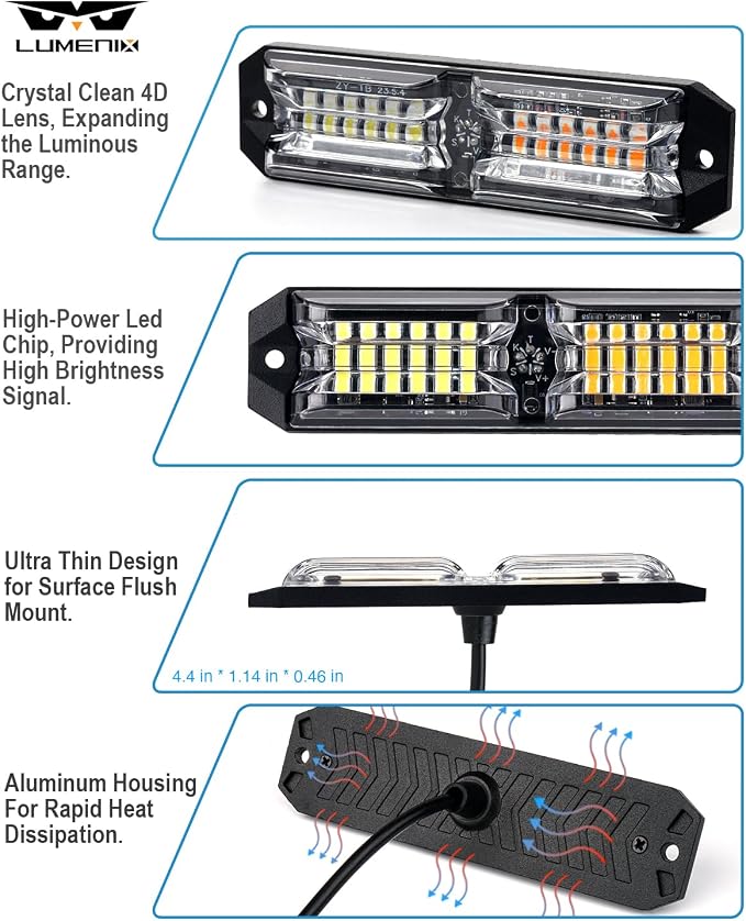 LUMENIX Grille Strobe Lights Kits for Trucks w/Controller, 8PCs High-Intensity LED Deck | Surface Mount Emergency Construction Vehicles Snowplow Towing Side Marker Flashing Warning Light- White Amber