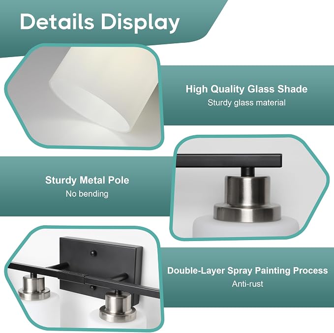 Ascher Bathroom Light Fixtures, 4-Light Vanity Light Over Mirror, Black and Nickel Wall Sconces with Milky White Frosted Glass Shades, Wall Lamp for Living Room Bedroom, E26 Base(Bulbs Not Included)