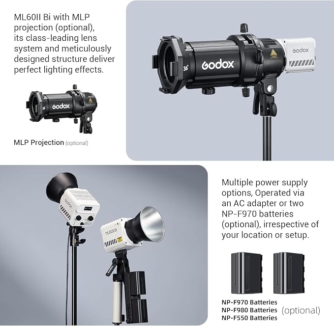 Godox ML60IIBi with Handheld Bracket, 70W Bi-Color LED Video Light, Handheld LED Light with Quiet Cooling Fan, Portable COB Continuous Output Lighting, 11 FX Effects 0-100% Brightness