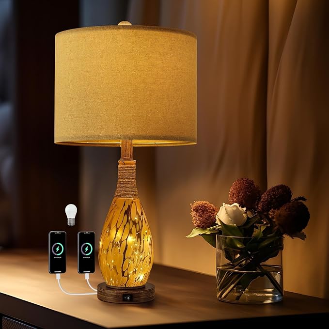 23" USB A+C Table Lamp for Bedroom Living Room Modern Bedside Lamps Retro Farmhouse Rattan Glass Nightstand Nightlight Lamps (Amber),Two Light Points