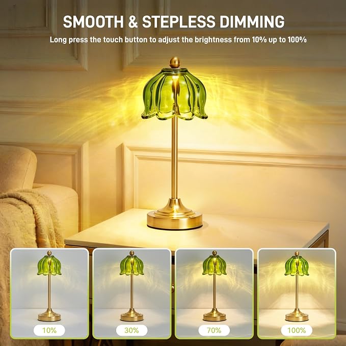 Small Tulip Cordless Table Lamp, LED Touch Accent Lamp with Amber Glass Shade, Dimmable Vintage Table Lamps for Bedroom, Kitchen, Nightstand, Restaurant