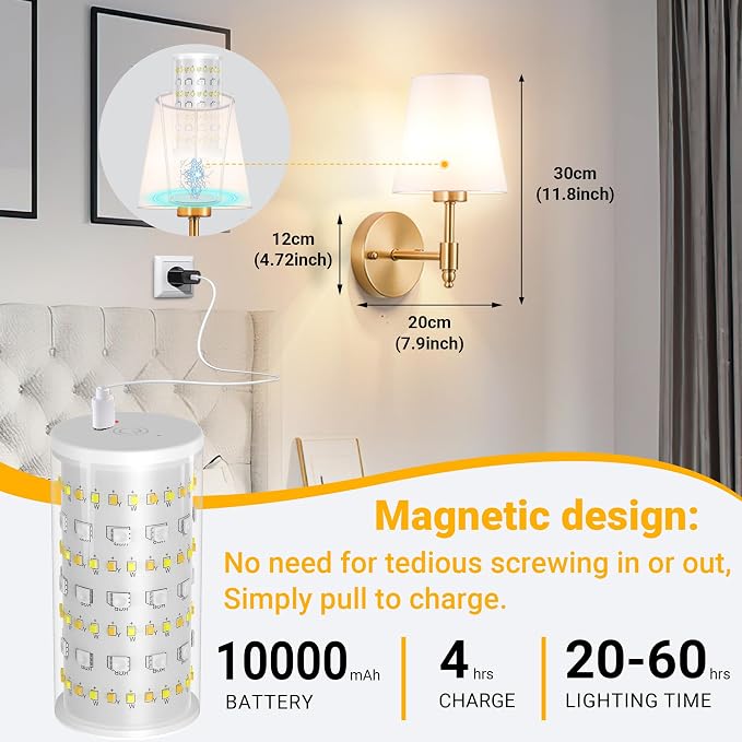 Vimhou Peel and Stick Wall Sconces, Stick On Wall Sconce Set of 2, Battery Operated Wireless Wall Light, No Drill Adhesive Wall Lamp, Corn Bulb with 10000mAh Rechargeable Battery, Bedroom Wall Decor