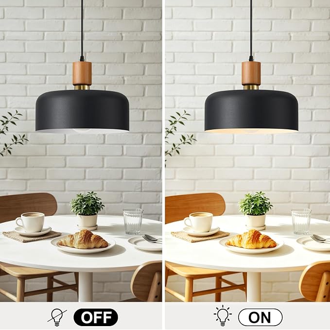 11.6" Black Pendant Light, Walnut Oak Wood & Brass Metal Drum Shade