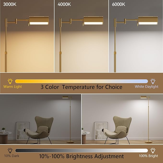 SUNMORY Dimmable LED Pharmacy Floor Lamps, 16W/1500LM Bright Reading Lamp | Remote Touch Control, 350°Swing Arm, Adjustable Height, Task Craft Tall Standing Light for Living Room Bedroom Office, Gold