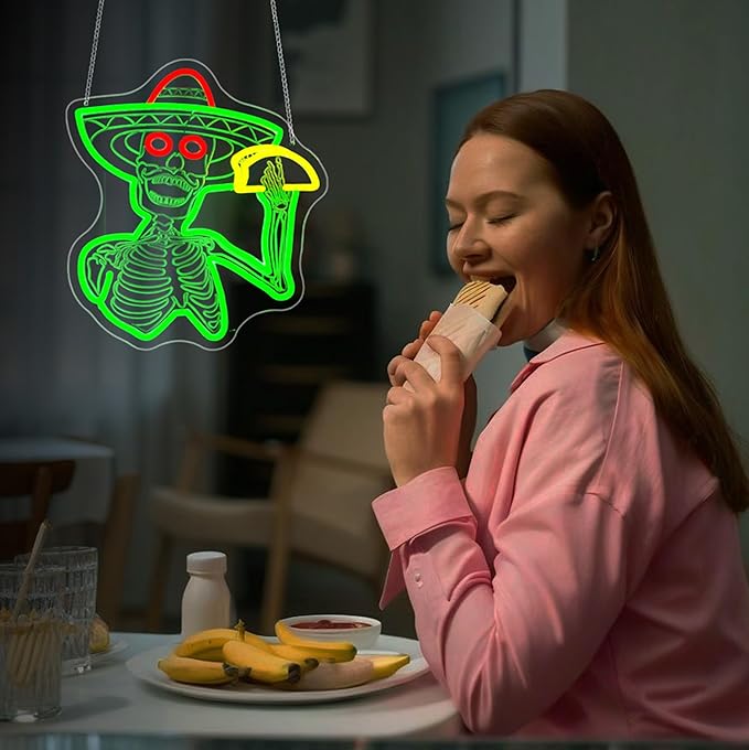 Skull Neon Sign Skeleton Taco Led Neon Lights Neon Signs for Wall Decor Light Up Sign for Birthday Party Club Gift