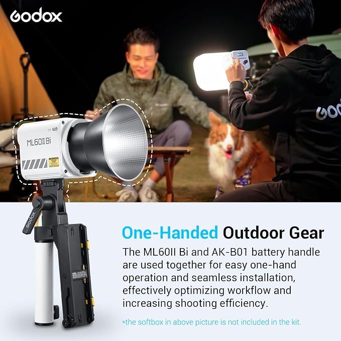 Godox ML60IIBi with Handheld Bracket, 70W Bi-Color LED Video Light, Handheld LED Light with Quiet Cooling Fan, Portable COB Continuous Output Lighting, 11 FX Effects 0-100% Brightness