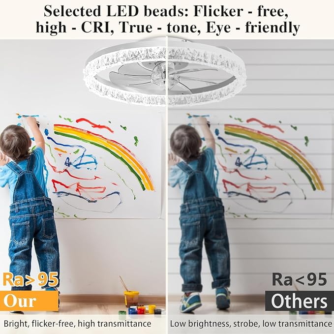 Ceiling Fans with Lights and Remote Fandelier - 20" Flush Mount Low Profile Modern Ceiling Fans for Bedroom - Stepless Color Temperature and 6 Speeds, White Irregular Crystal