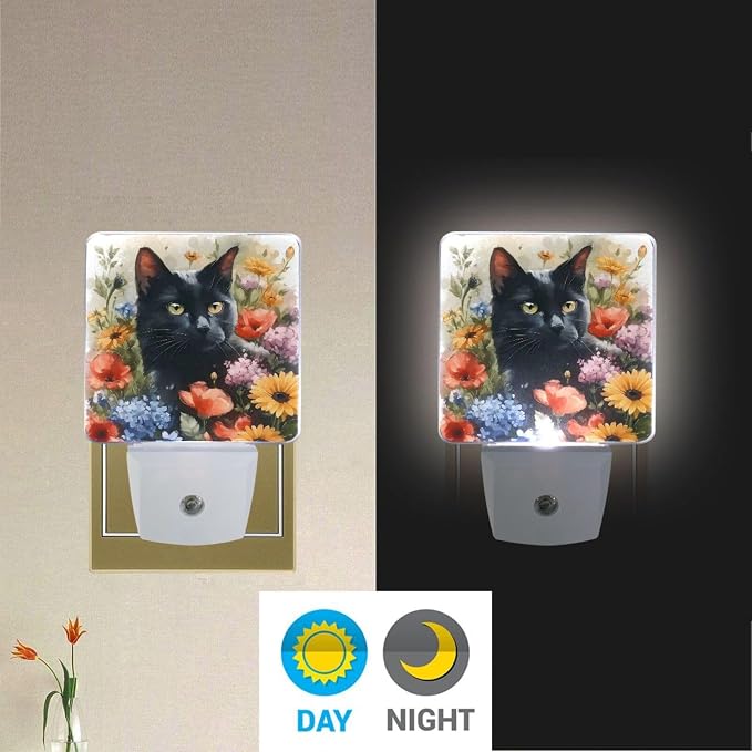 Black Cat with Flower Night Light Dusk to Dawn Sensor LED Night Dimmable Nightlight Lights Plug into Wall for Living Room