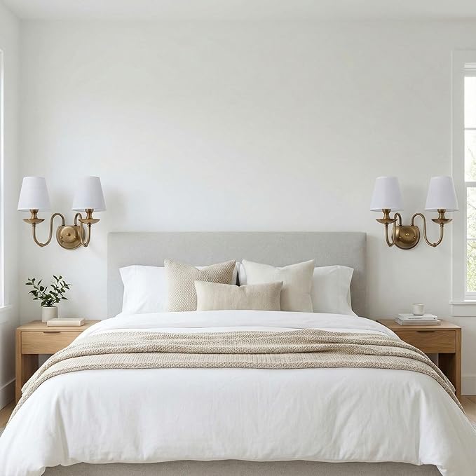Aiwen 2-Light Bedroom Wall Lamps Polished Solid Brass Finish Wall Lights with White Flax Fabric Shade Vintage Reading Lights Wall Sconces for Bedside Hallway E12