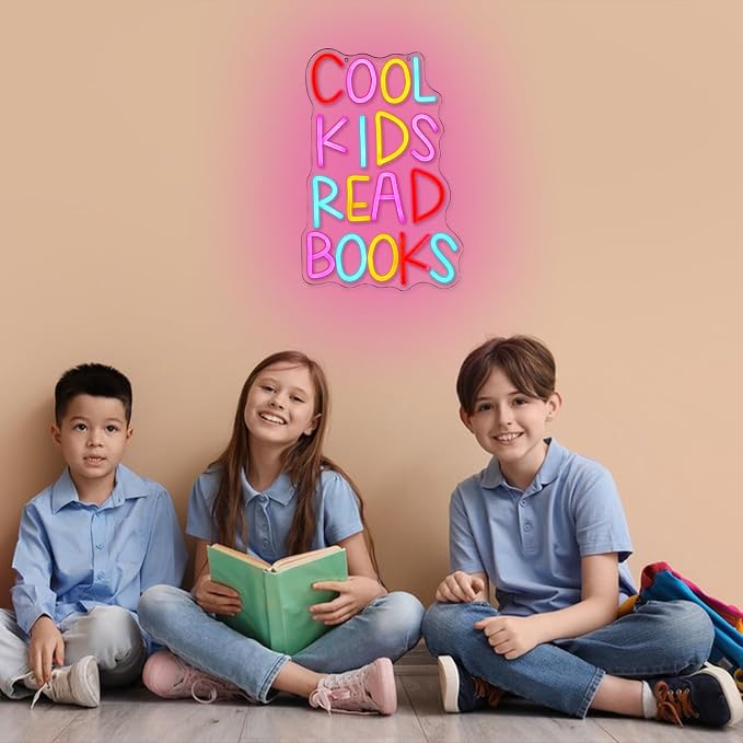 Cool Kids Read Books Neon Sign for Wall Decor Reading Letter LED Neon Lights Library Neon Light Sign Kids Room Library Classroom Reading Corner Decoration(16.5''*10.6'')