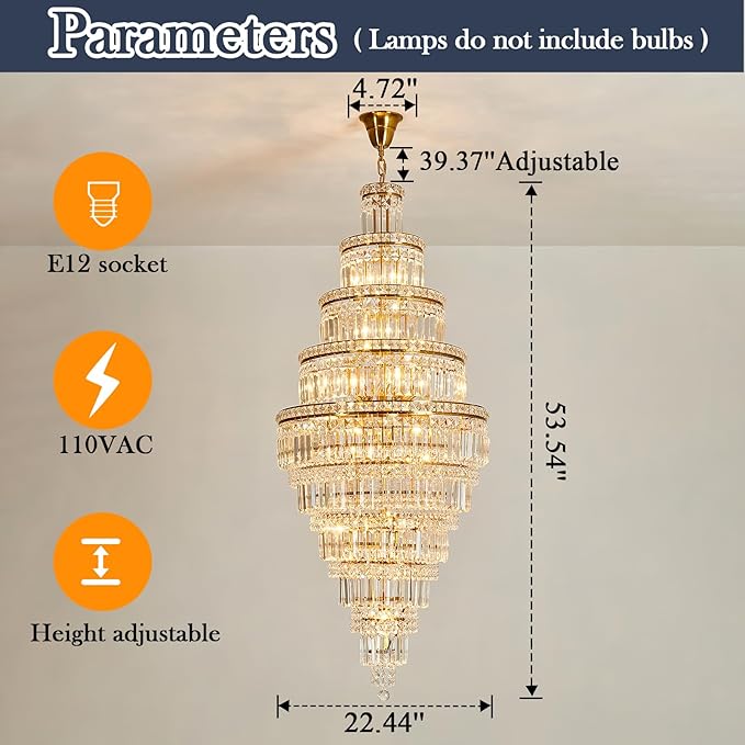 YYJLX Modern Crystal Chandelier 22 Light Extra Large Long Chandelier for High Ceiling Luxury Gold Hanging Pendant Light for Staircase Foyer Entryway