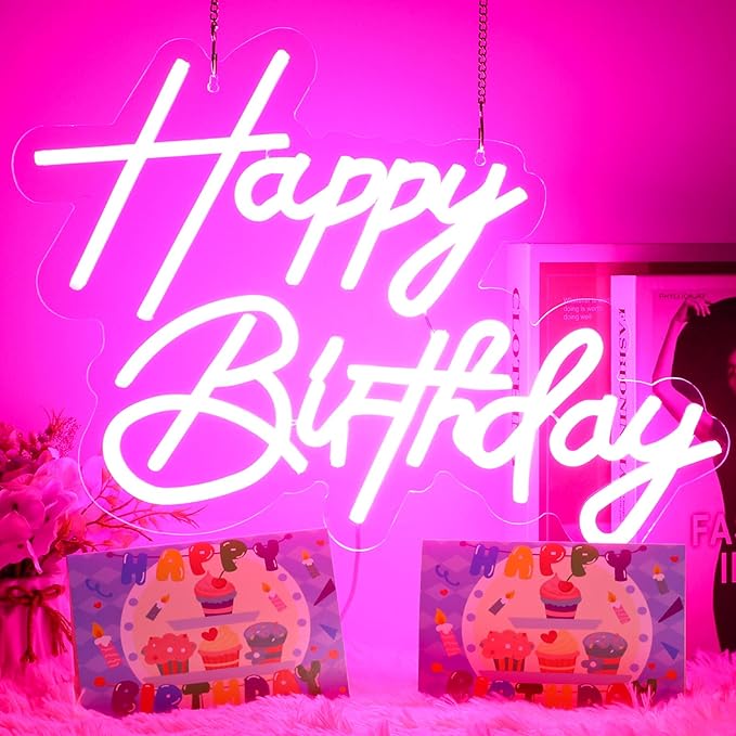 Happy Birthday Neon Sign for Wall Decor, USB Powered LED Neon Sign with Dimmable Brightness, Ideal for All Ages Birthday Parties and Celebrations, With 2 Pcs Birthday Cards (17×12 Inch)