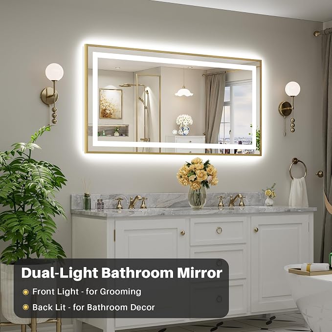 60x30 Inch LED Bathroom Mirror with Gold Frame, Backlit & Front Lit | Anti-fog, 3 Color Dimmable, Memory Function, HD Reflection Tempered Glass, ETL Listed, IP54 Waterproof