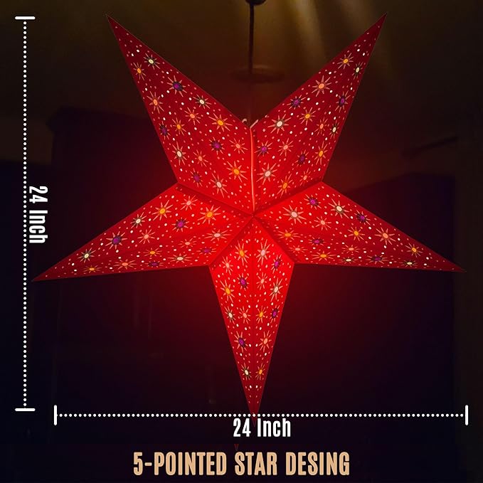 GalaxyArts Paper Star Lantern, Red 24 Inch 3D Illuminated Starlite Hanging Lamp, Handcrafted Hollow Decoration for Weddings, Parties, Christmas, Holidays, Easy to Hang Indoor Outdoor Home Décor