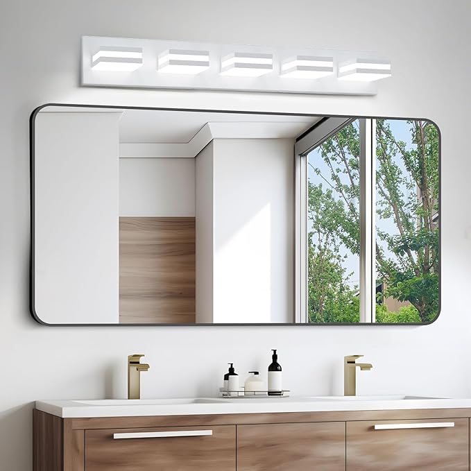 IZORRO LED Modern Bathroom Lights Fixtures(5-Light,Dimmable),Matte White Acrylic Wall Lighting,Vanity Lights for Bathroom Over Mirror - 6000k 36In （No Assembly Required）