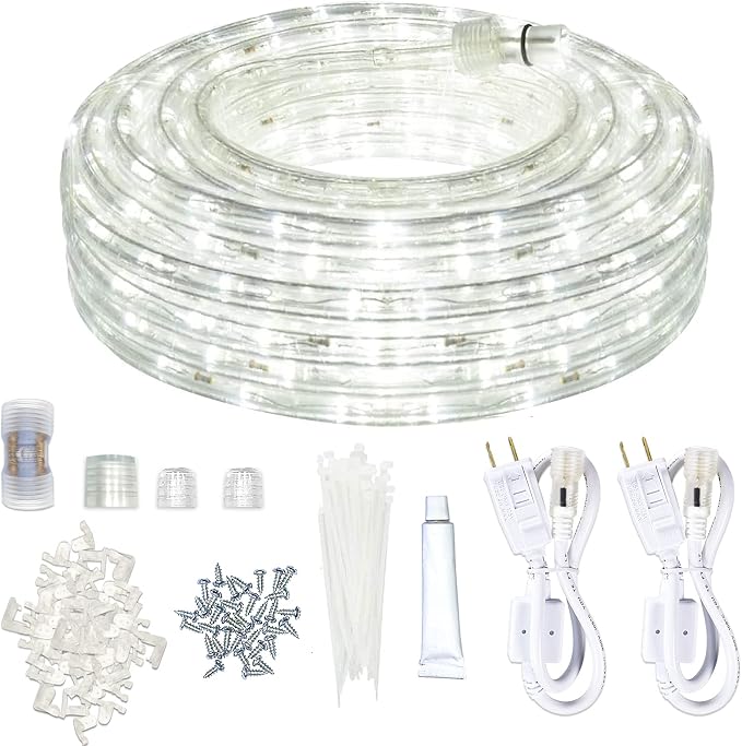 Rope Lights Outdoor Waterproof Daylight White: LED 50FT Cuttable Outside Bright 110V Lighting Connectable Flexible Plug Cool Clear Tube, Indoor Deck Patio Xmas Camping Decor, Not Flat Strip