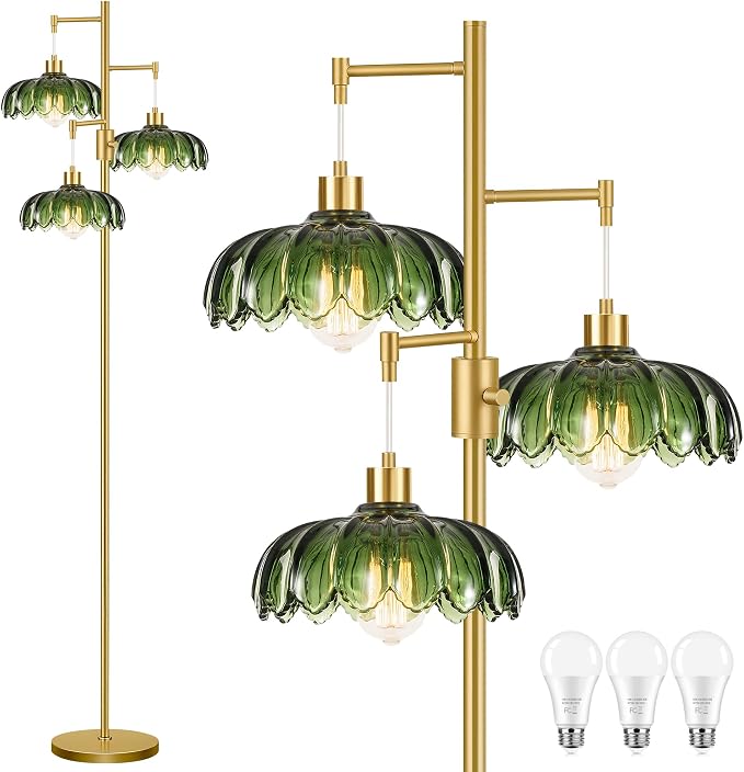 Dimmable Floor Lamps for Living Room Bedroom-3 Light Gold Floor Lamp with Glass Lampshape, Flower Tall Lamp Mid Century Modern Standing Lamp Glass Tree Floor Lamps for Living Room Bedroom,Corner